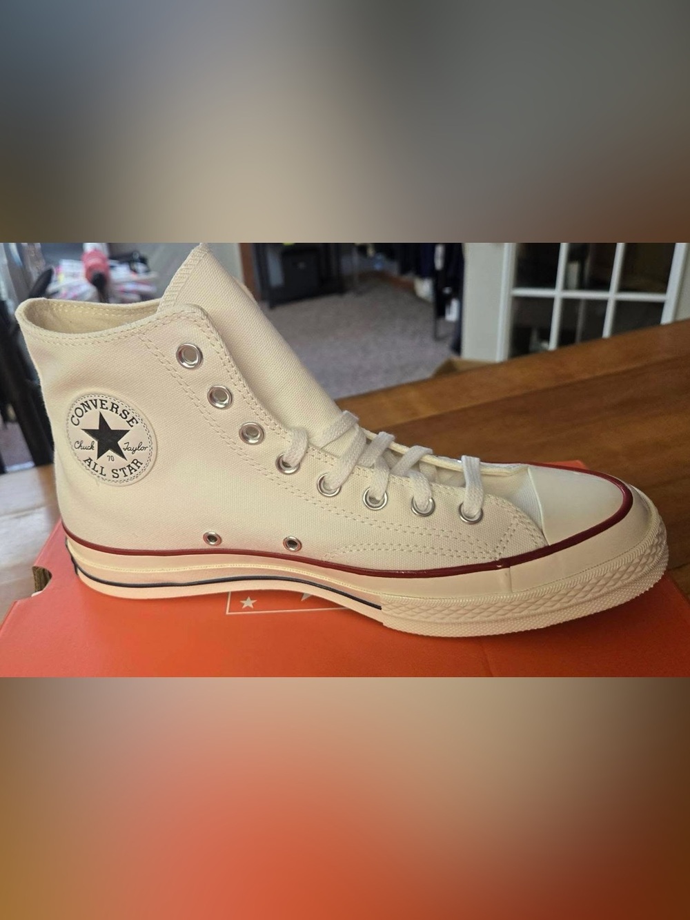 Converse High Top Sneakers - White with Red Trim, W11/M9
